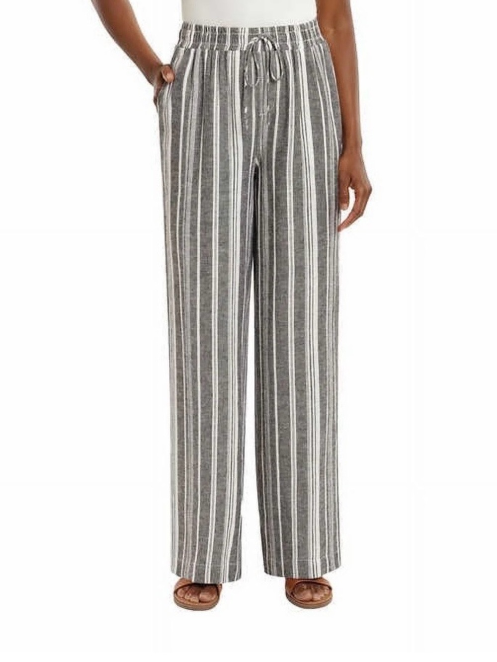 Briggs Women's Wide Leg Lightweight Linen Blend 2 Pockets Stripe Pants